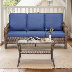 Buenhomino Outdoor Furniture 3-Seater Rattan Sofa Patio Wicker Sofa Couch Furniture Set with Glass Coffee Tables - 1 of 4