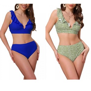 INSPIRE CHIC Women's Ruffle Trim V Neck Wide Strap Drawstring Tie Back Top Triangle Bottom Bikini Sets 2 Sets - 1 of 4