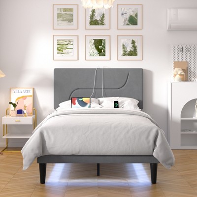 VECELO Twin/Full/Queen Size Bed Frame, Metal Platform Bed with LED Lights, Upholstered Velvet Headboard with Charging Station, Gray/Beige