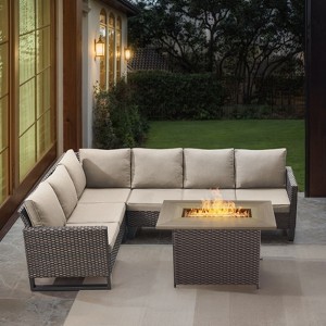 POCASSY All Weather Brown Wicker Outdoor Sectional Sofa with Fire Pit Table, 4PCS Patio Furniture Set with 41" Propane Firepit Table for Outside - 1 of 4
