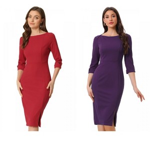 INSPIRE CHIC Women's Elegant Boat Neck 3/4 Sleeves Work Midi Split Sheath Dress 2 Packs - 1 of 4
