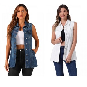 INSPIRE CHIC Women's Sleeveless Casual Button-Down Side Pockets Long Jean Vests 2 Packs - 1 of 4