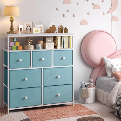 SKRAN Dresser for Bedroom with 7 Drawers and 2 Shelves for Closet with Wooden Top and Metal Frame, Tall Dressers & Chest of Drawers