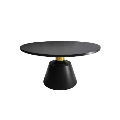 The Urban Port 32" Coffee Table Black Mango Wood Round Top Modern Tapered Pedestal Base Shiny Brass Support Black/Brass