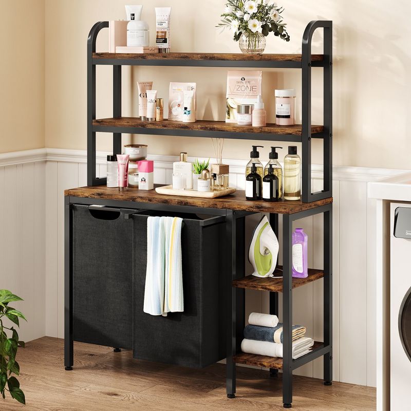 Laundry Basket,Laundry Hamper 2 Section with Side Shelves,3 Tiers Laundry Sorter with 2 Pull-Out and Removable Laundry Bags,Black & Rustic Brown, 1 of 10
