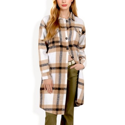 Anna-Kaci Women's Long Plaid Button-Up Shacket with Chest Pockets and Side Slits