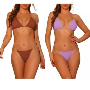 Elerevyo Women's Chain Halter Ribbed Lace Up Tie Back Triangle Bottoms Swimwear Bathing Suits 2 Sets - 1 of 4