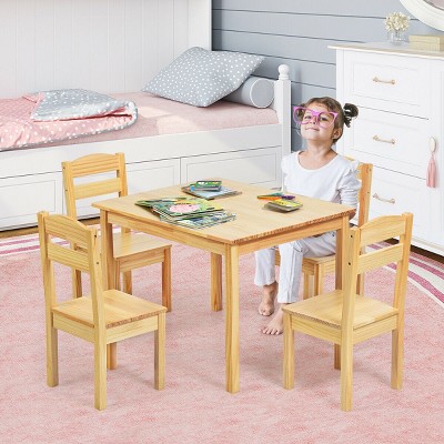 Natural Pine Wood Kids Table and Chair Set, 5-Piece