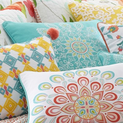 Turquoise and White Feather Fill Bohemian Throw Pillow