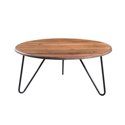 Bryant Round Aged Pine Coffee Table with Black Metal Hairpin Legs