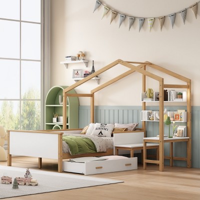 MAYEERTY Full Size Wooden House Bed White and Original Wood Colored Frame with Drawer, Desk and Bookshelf for Children or Guest Room