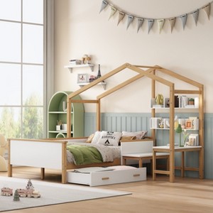 MAYEERTY Full Size Wooden House Bed White and Original Wood Colored Frame with Drawer, Desk and Bookshelf for Children or Guest Room - 1 of 4