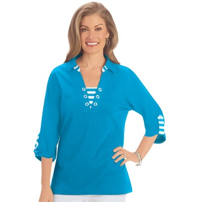 Collections Etc Soft Knit Stripe Trimmed Polo 3/4 Length Sleeve Top