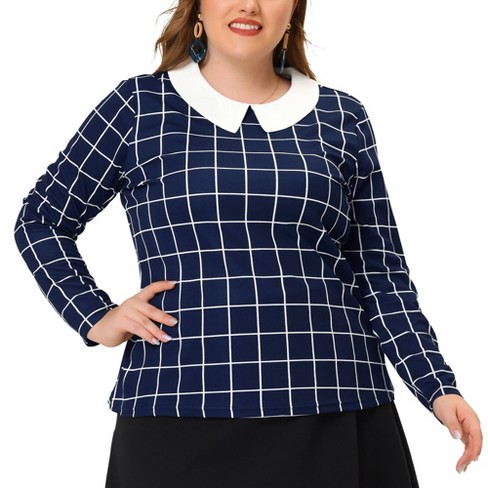 Agnes Orinda Women's Plus Size Cute Contrast Collar Plaid Long Sleeve  Casual Work Blouse Navy Blue 1X