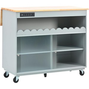 Kitchen Island Cart, Kitchen Cart with Drop Leaf, 2 Sliding Glass Doors, 2 Cabinet, 1 Open Shelf Rolling Mobile Cart with LED Light and Power Outlets - 1 of 4
