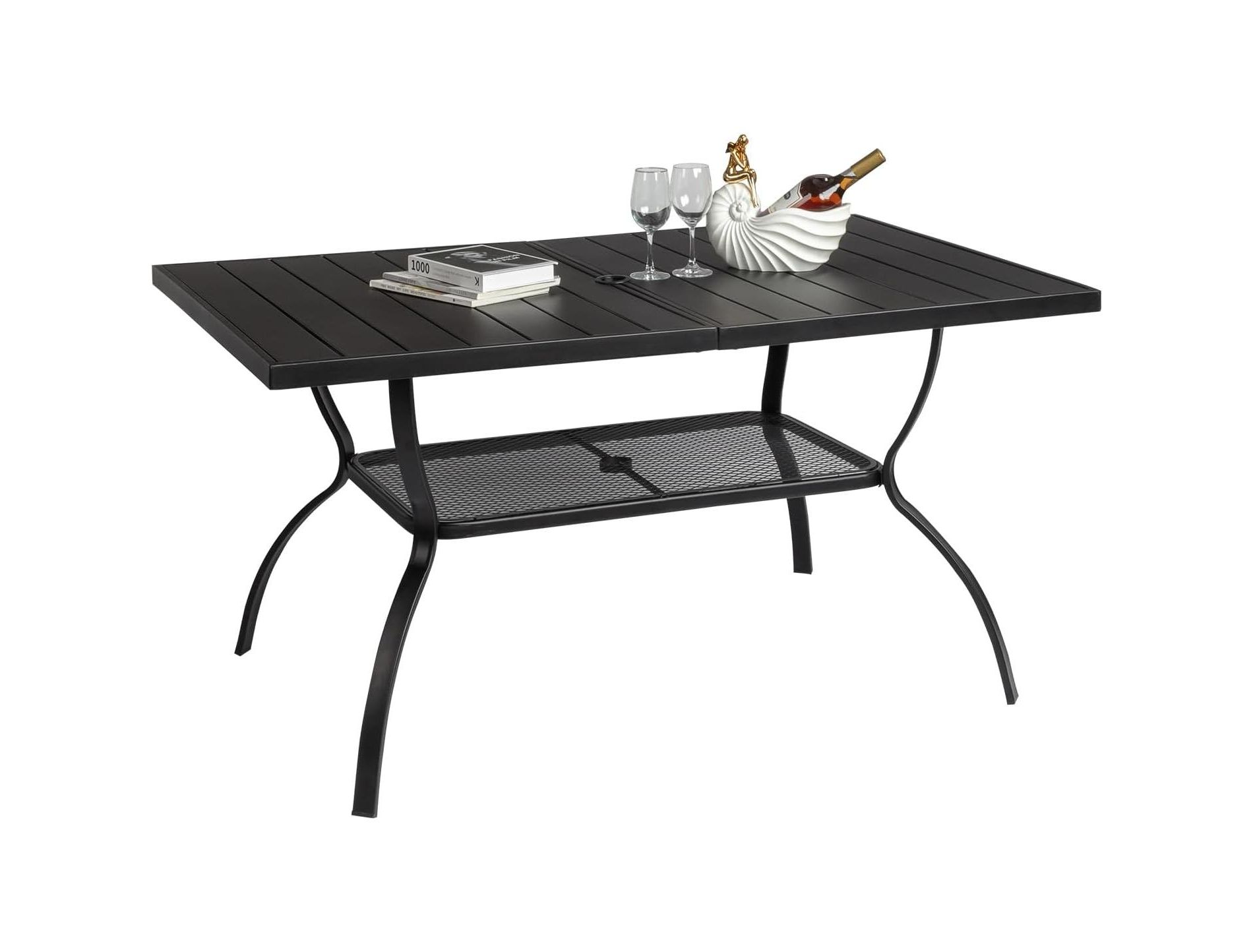 59" Rectangle Patio Table for 6, Metal Outdoor Dining Table with Umbrella Hole, All-Weather Steel Patio Dining Table for Lawn, Garden, Backyard