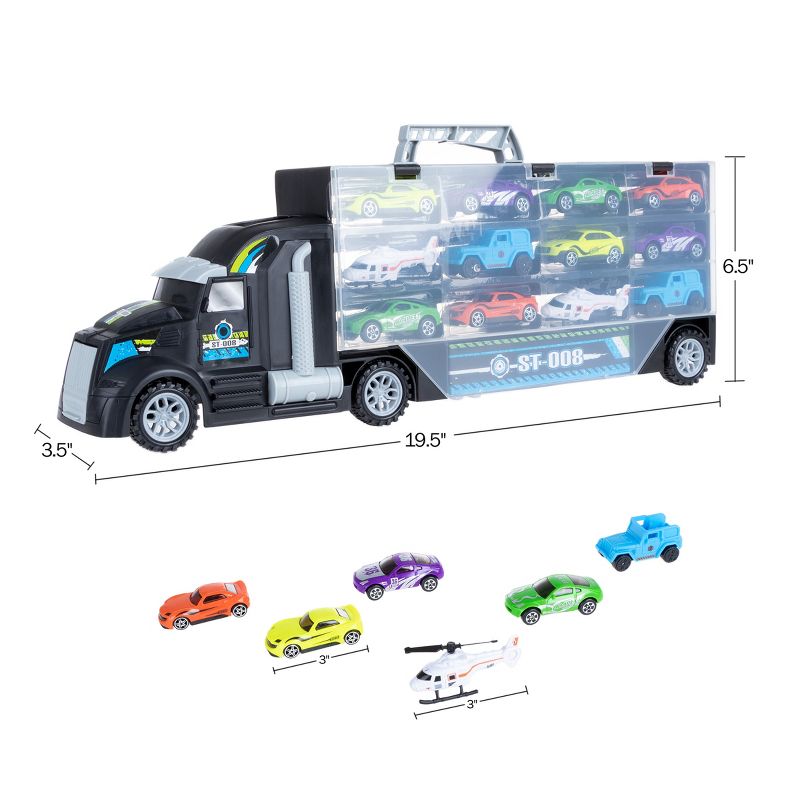 Toy Time Semi-Truck Car Carrier - Holds 24 Vehicles- Includes 10 Cars, 2 Helicopters, Storage Case with Carry Handle, 5 of 7
