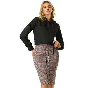 Hobemty Women's Tweed High Waist Button Decor Knee Length Pencil Skirts - 1 of 4