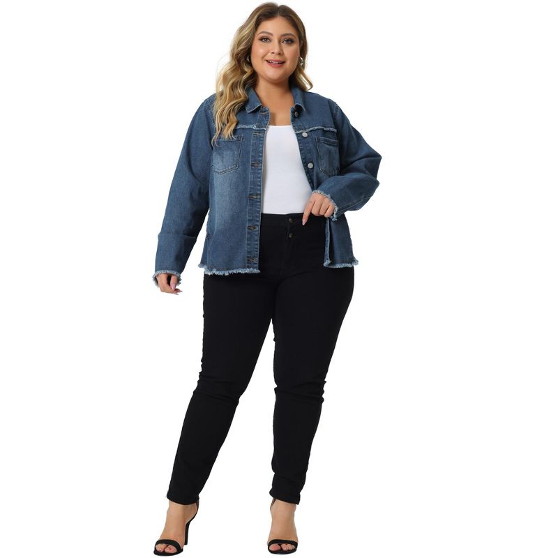 Agnes Orinda Women's Plus Size Button Up Frayed Hem Long Sleeve Casual Jean Jackets, 3 of 6