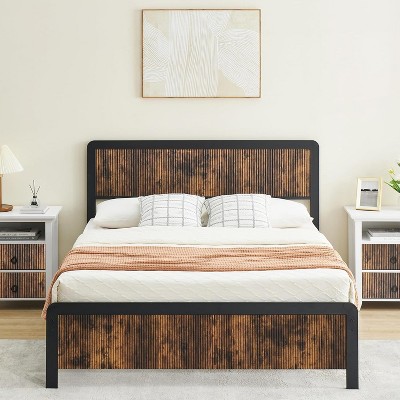 Bed Frame with Wave Wood Headboard, Queen Platform Bed Frame with Safe Rounded Corners & Under Bed Storage, Strong Metal Slats Support