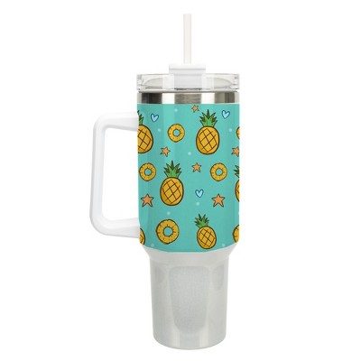 100 North Pineapple Rings Stars Hearts 40 oz. Stainless Steel, Large Water Bottle Coffee Mug, Spill & Leak Resistant, Thermal Travel Tumbler with