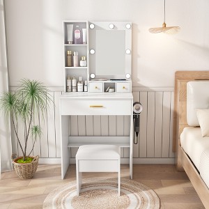 Gulches White Compact Vanity Table - Adjustable LED Lights, Mirror, Power Outlet, Hairdryer Holder, Stool for Small Bedrooms - 1 of 4