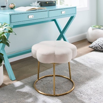 Boho Luxe White Velvet Floral Vanity Stool with Gold Base