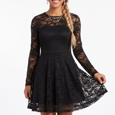 Anna-Kaci Women's Floral Lace Mini Dress Sheer Long Sleeve Crew Neck Fit and Flare