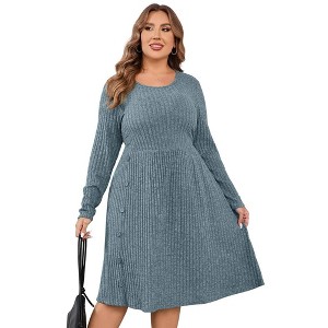 Women's Plus Size V Neck Cable Knit Sweater Dress Long Sleeve Oversized Casual Pullover Midi Dress with Belt - 1 of 1