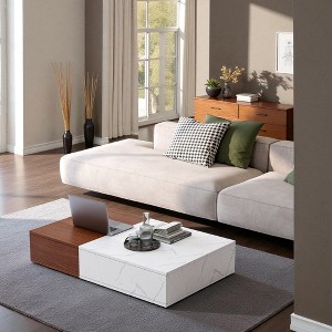 Mshliw Rectangular Coffee Table with Storage Shelf and Marble Finish, Two-Tone Patchwork Cocktail Table for Living Room, Dining Table, Sofa Table - 1 of 4