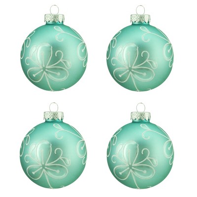 Northlight 4ct Matte Flower Glass Ball Christmas Ornament Set 2.5" - Teal Green/White