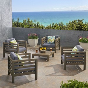 Christopher Knight Home Oana Outdoor Acacia Wood 5 Piece Club Chair Chat Set with Cushions - 1 of 4