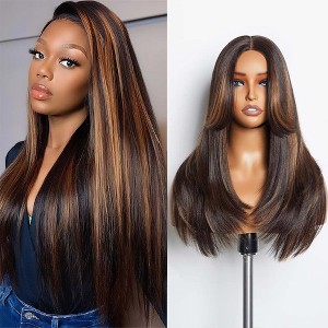 Jessie's Wig 5x5 Straight Layered Cut Synthetic Wigs for Woman Brown Highlight Color 22-24 Inch - 1 of 4