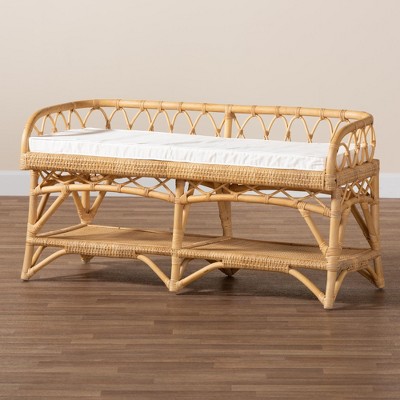 Natural Rattan Bench with Storage and Cushion