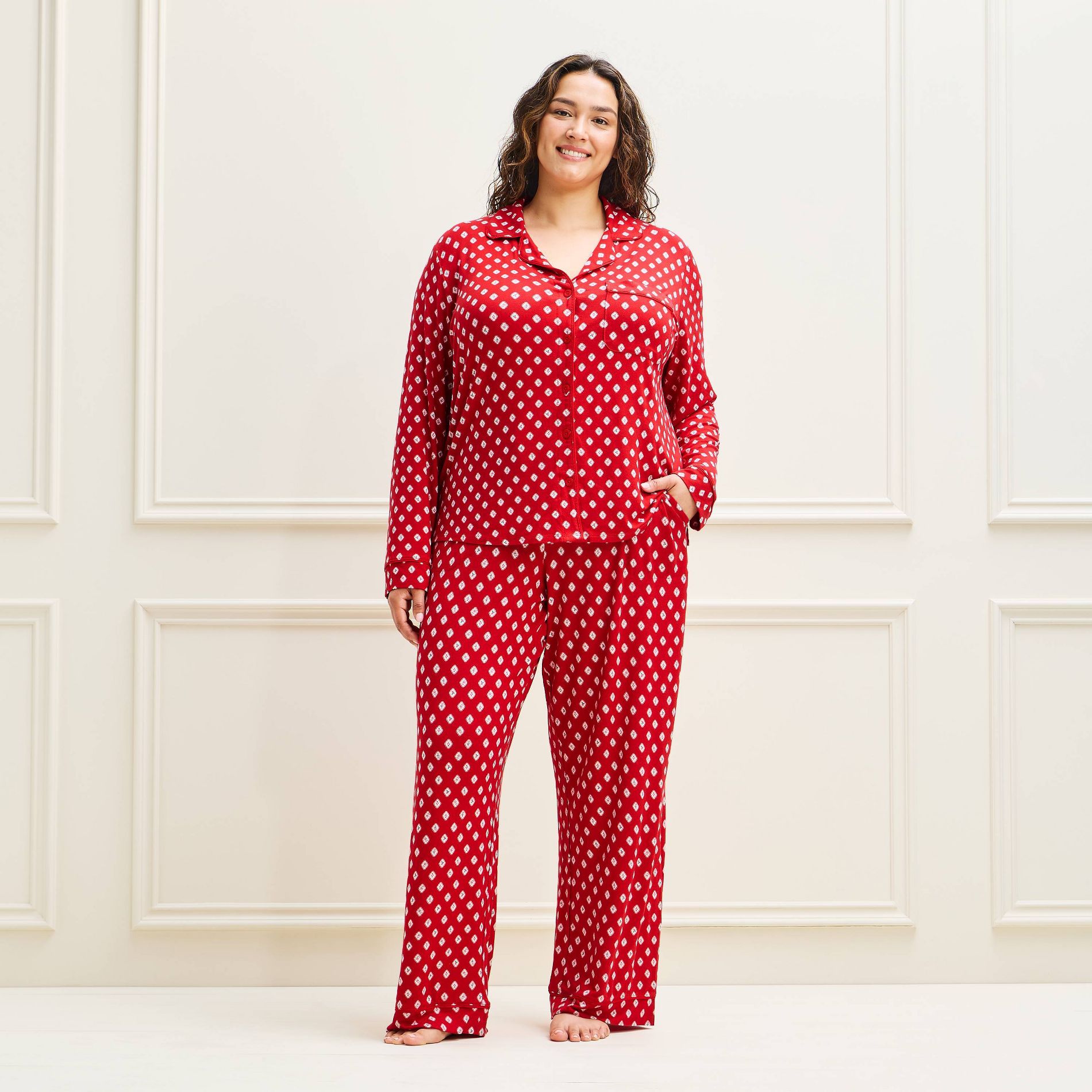 Women's Cloud Knit Modal Long Sleeve Notch Collar Top and Pants Pajama Set - Auden™