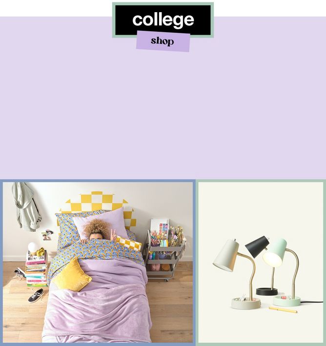 College student laying in their dorm room with their feet up on the wall. Second frame has a collection of lamps and school essentials such as pens and erasers