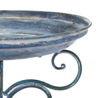 Ashlan Antique Blue Metal Outdoor Bird Bath with Sculpted Bird Ornament