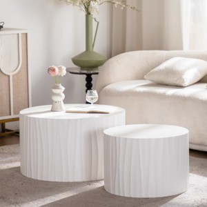 Set of 2 Round Handcrafted Relief Coffee Tables with Open Storage, Modern Accent Side Table for Living Room, Apartment, or Small Space-Tanpinhause - 1 of 4