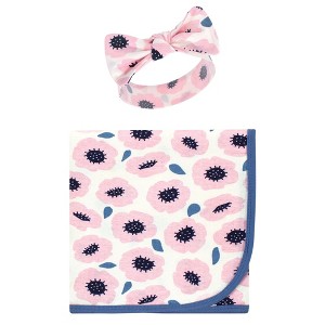 Touched by Nature Baby Girl Organic Cotton Swaddle Blanket and Headband or Cap, Blossoms, One Size - 1 of 4