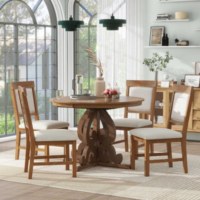 5 Piece Retro Dining Set with Extendable Table and 4 Upholstered Chairs, 16 Inch Leaf, Ideal for Kitchen and Dining Room