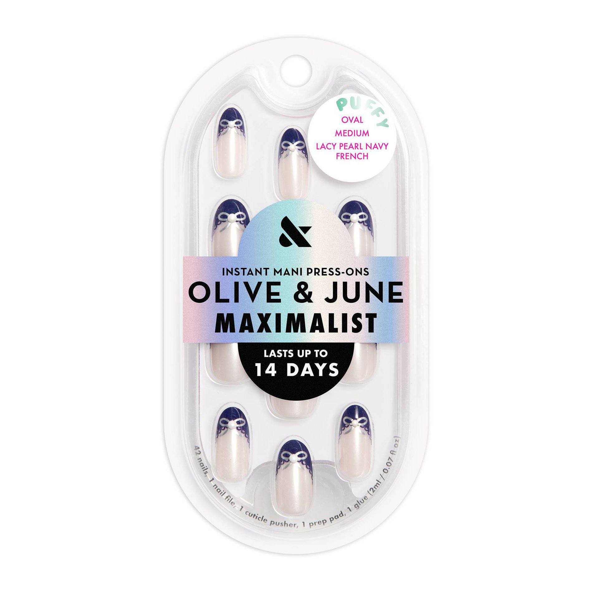 Olive & June Press-On Fake Nails - Maximalist - M Oval - Lacy Pearl Navy French - 42ct
