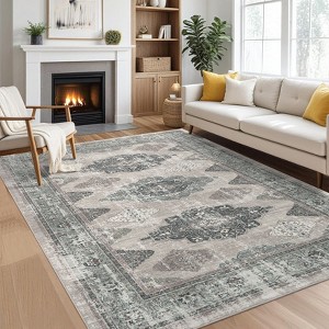 Rugs for Living Room Boho Medallion Area Rug Printed Kitchen Rugs Soft Low Pile Faux Wool Washable Floor Carpet Accent Rug - 1 of 4