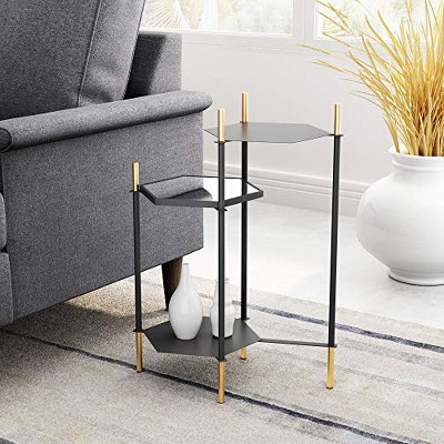 William Black and Gold Hexagonal Metal and Glass Accent Table