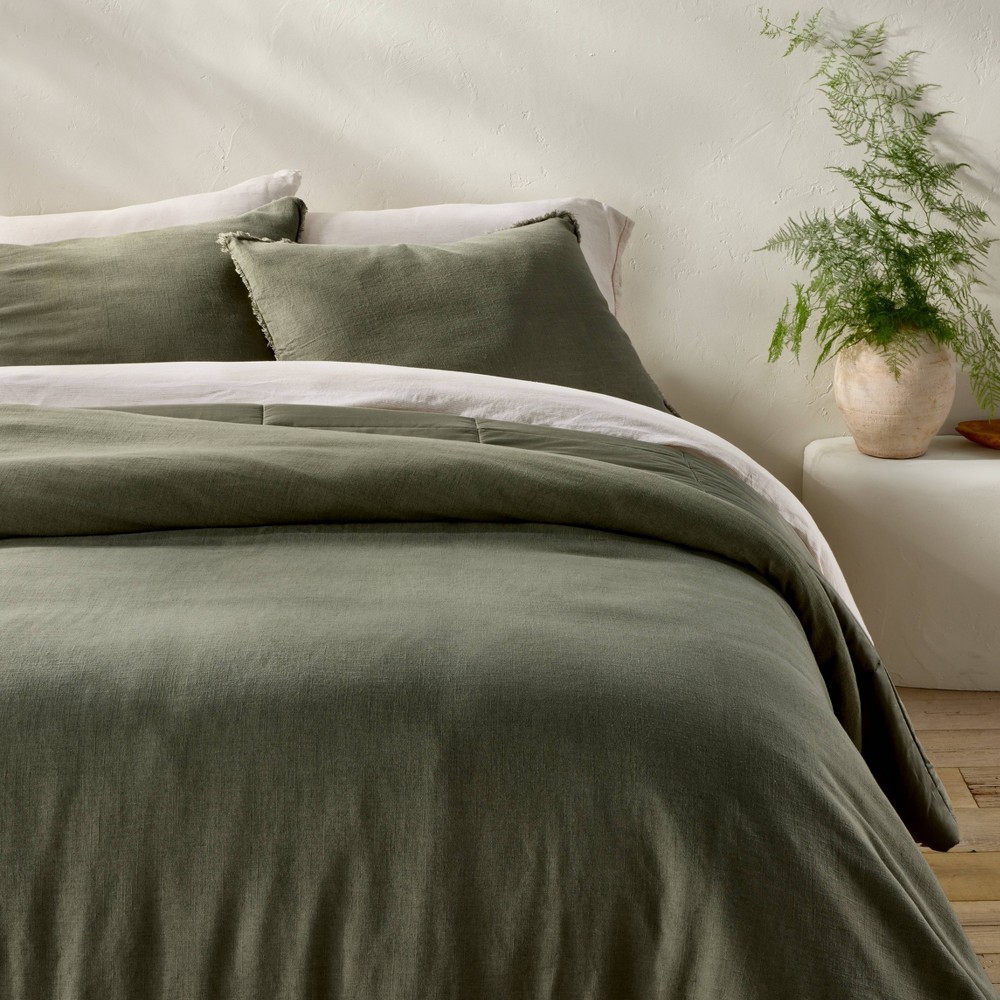 Photos - Duvet Full/Queen Heavyweight Linen Blend Comforter and Sham Set Olive Green - Casaluna™