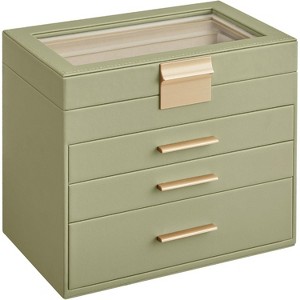 Glass Lid Jewelry Box 3 Layers 2 Drawers Modern White and Gold Finish Storage Organizer Display Case - 1 of 4