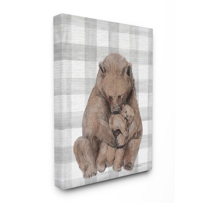 Stupell Industries Bear and Cub Nursery Illustration Grey Farmer Plaid