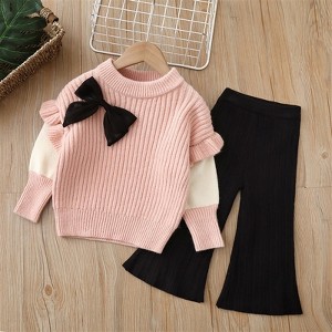 MyKids-USA Baby Solid Color Bow Patched Sweater With Pants Sets - 1 of 4