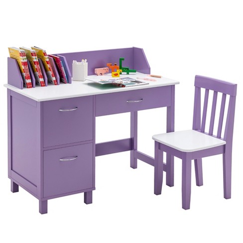 Kids Wooden Study Desk Chair Set Writing Table with Bookshelf & Storage  Cabinet