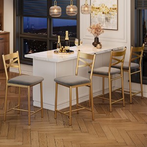 Bar Stools Set of 2/4, Gold Bar Stools Set of 2/4 with X-Shaped Backrest and Metal Footrest, Metal Bar Stools Set of 2/4 - 1 of 4