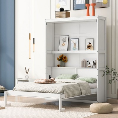 NicBex Full Size Murphy Bed 85" Wooden Bed Frame Morden Hideaway Wall Bed with Storage Shelf for Apartment